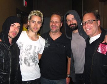 Shannon Leto, Jared Leto, Richard Iwaniuk of EA, Tomo Milicevic, and Steve Schnur of EA.